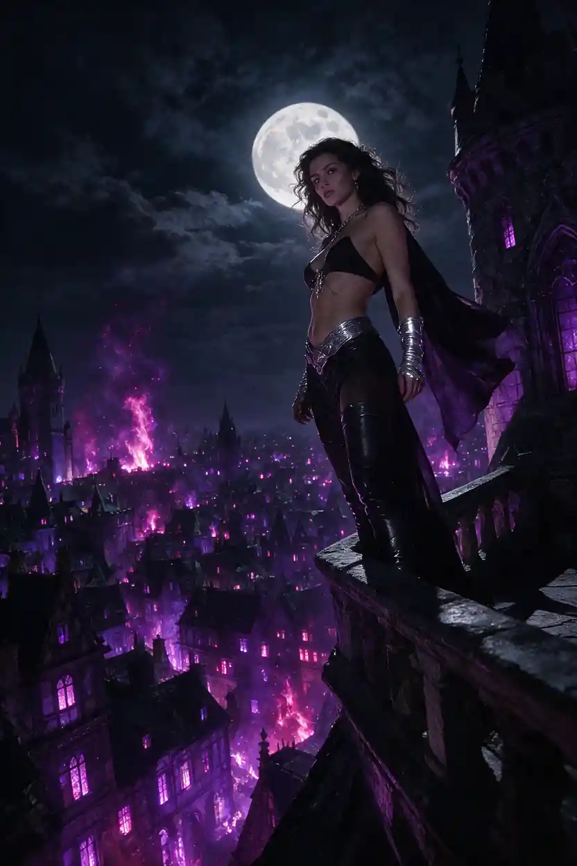 Femme monumentale dans une ville médiévale noir au clair de lune