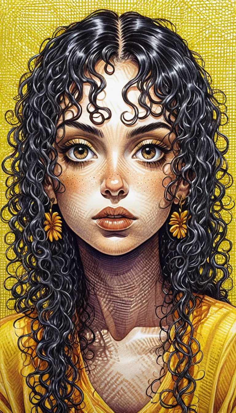 Technical ink portrait of a young woman with coily hair