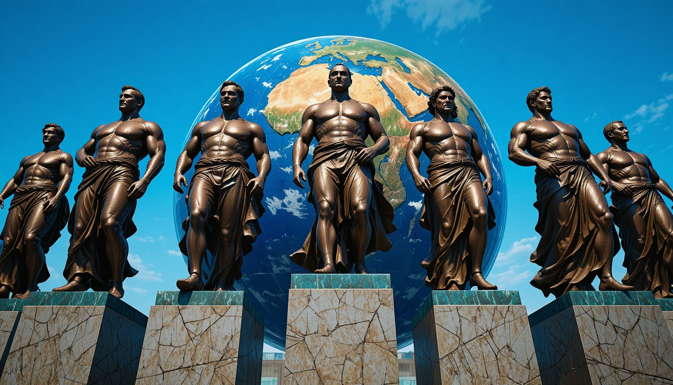 Bronze world leaders as heroic statues around a glowing earth