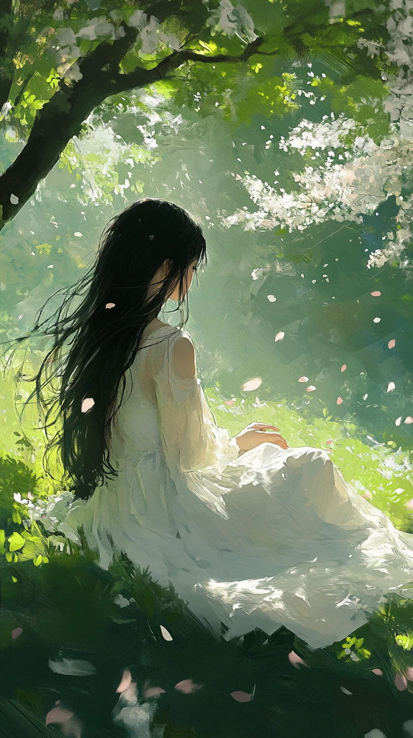 Ragazza anime in abito bianco sotto i ciliegi in fiore
