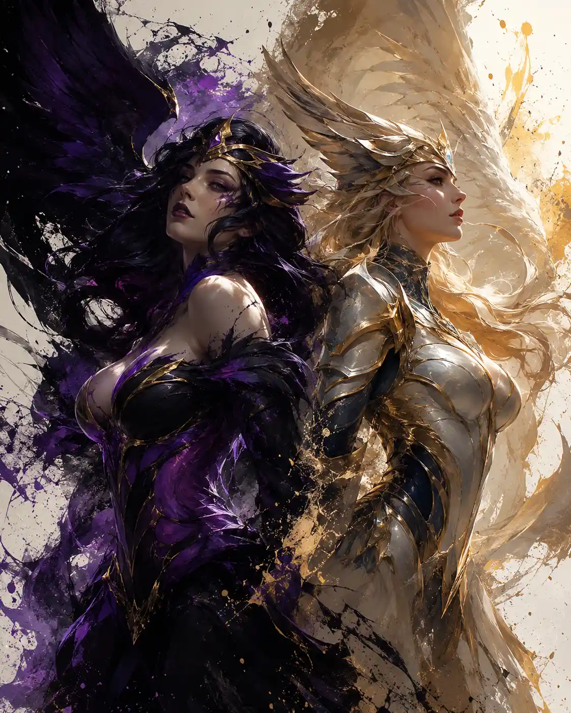 Mythic warrior sisters in radiant fantasy battle scene