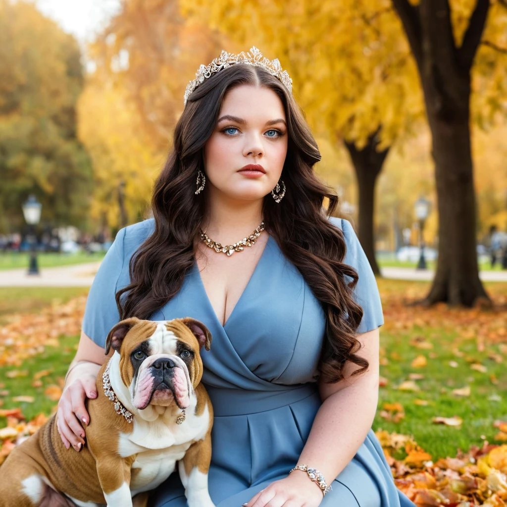 Young woman with bulldog in an autumn park