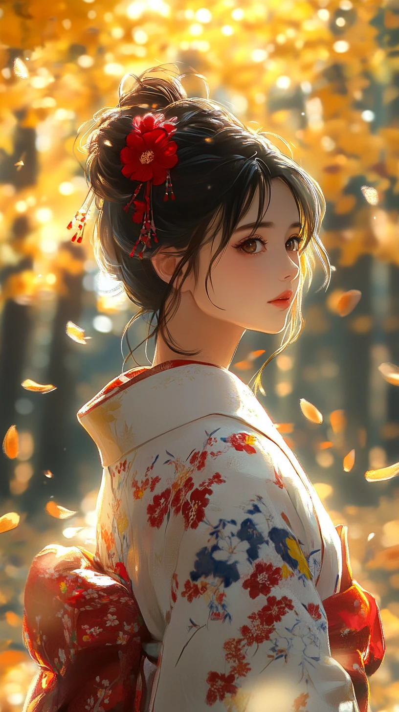 Anime girl in white kimono under glowing autumn forest