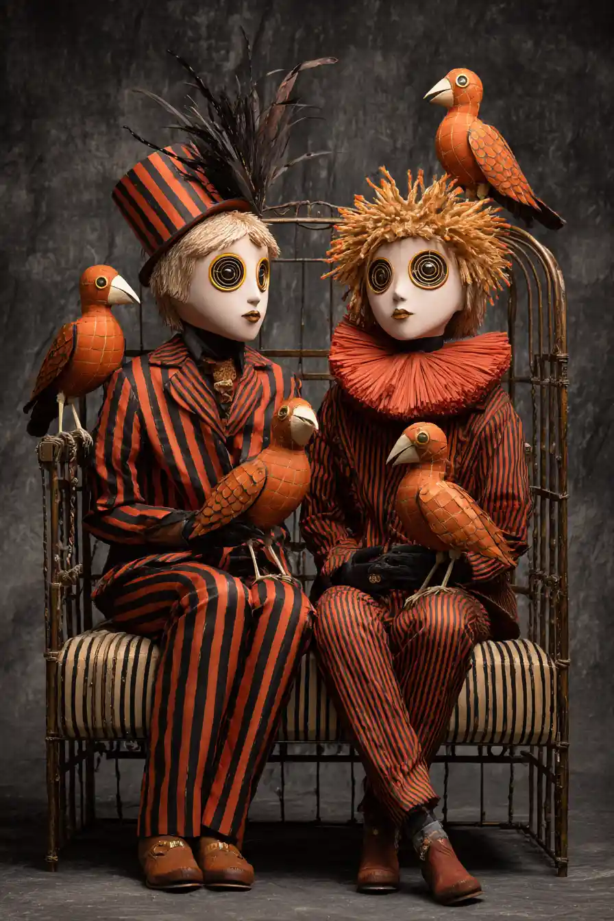 Surreal birdlike figures in striped suits on ornate sofa