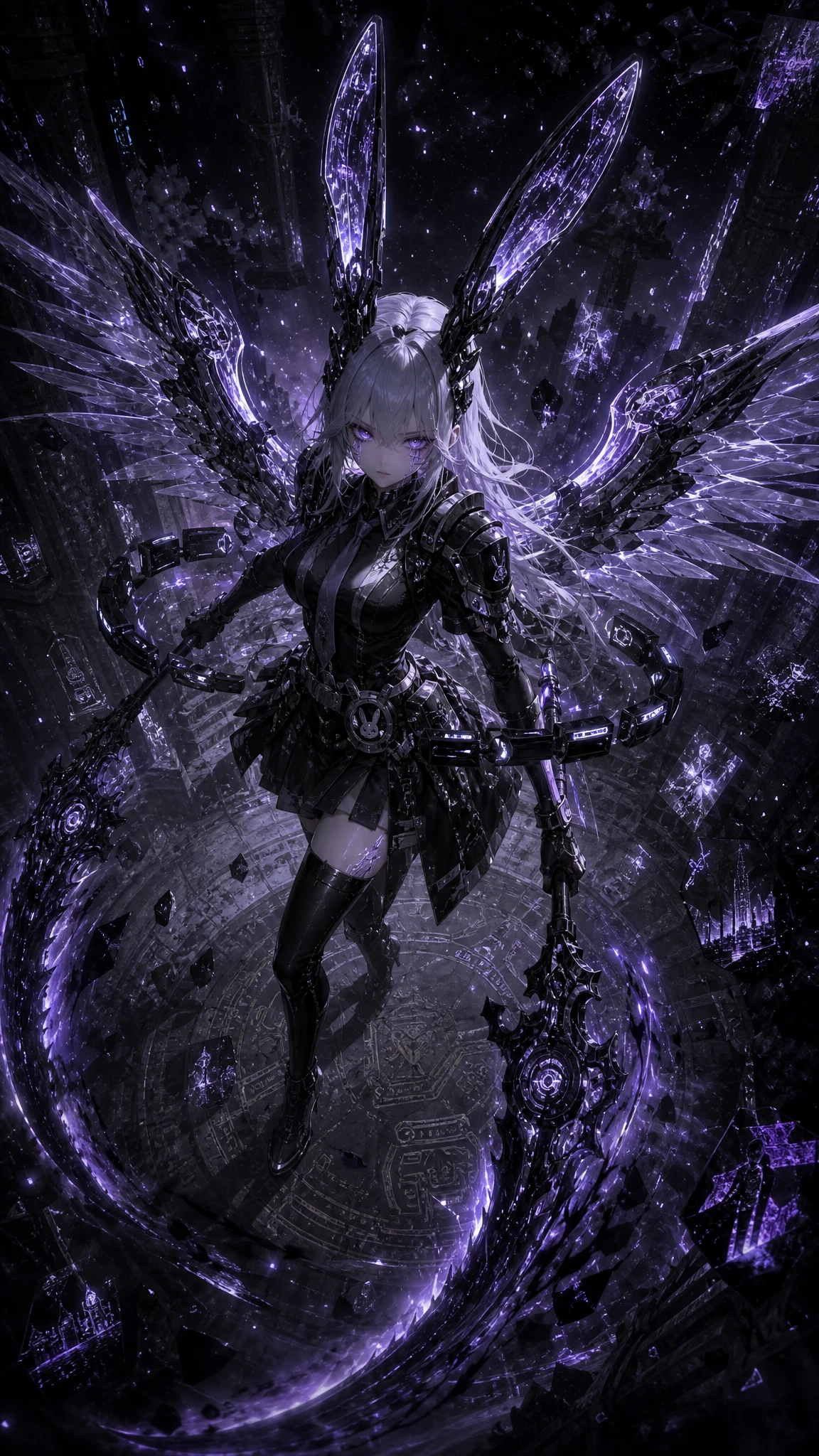 Cybernetic woman guarding a dark futuristic temple