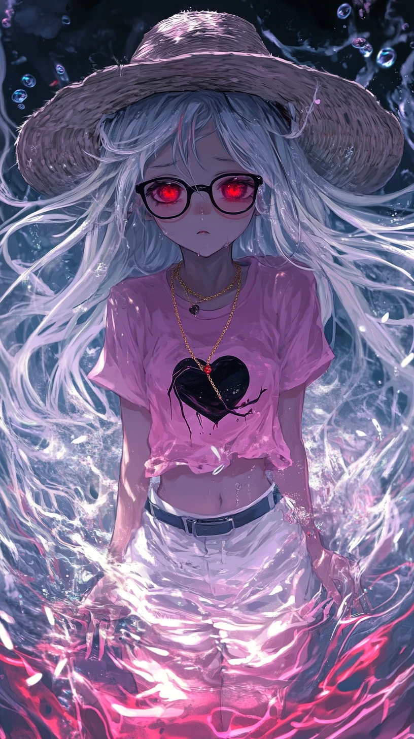 Sad anime girl falling through a glowing cloudy void