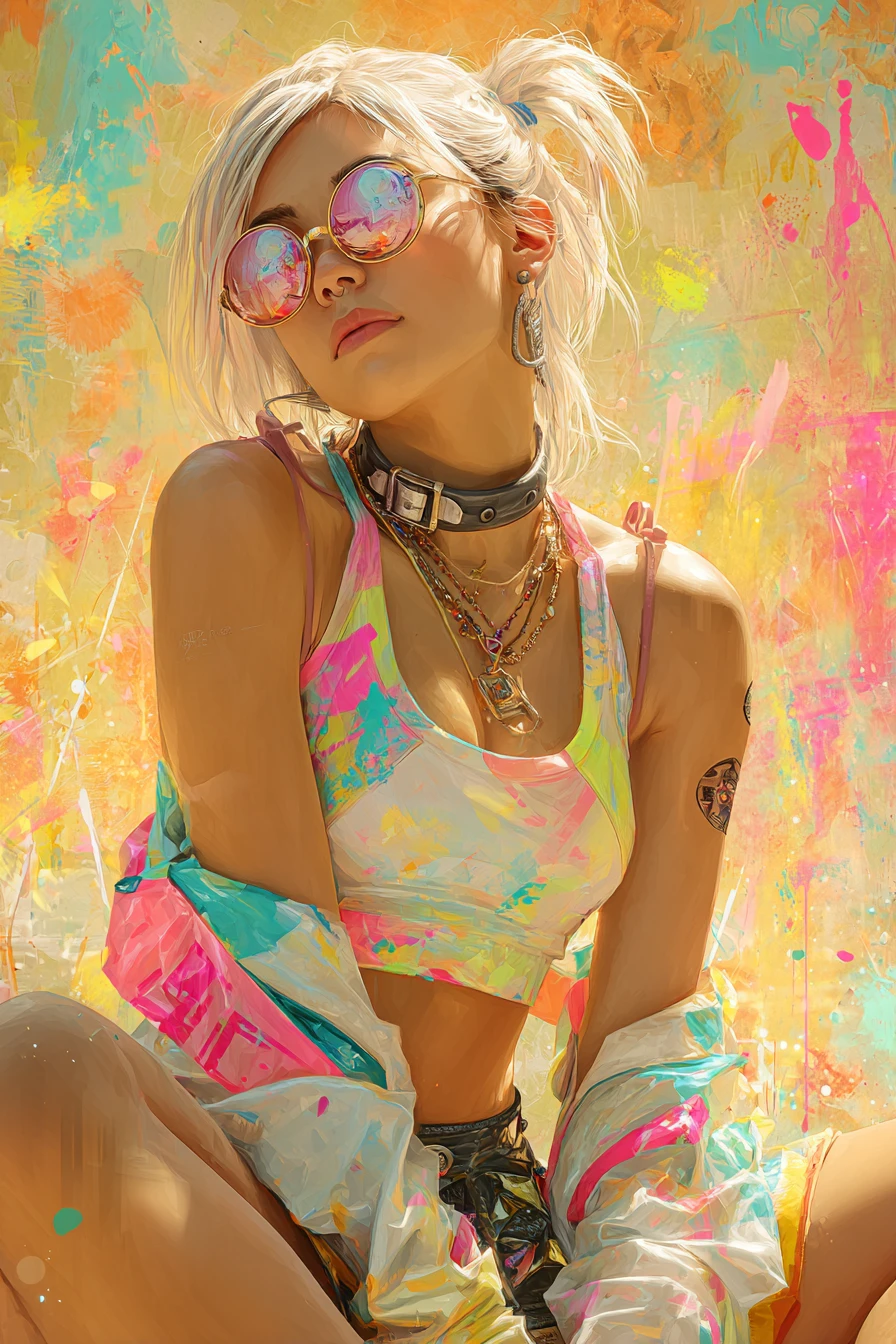 Platinum blonde anime girl in glowing summer urban scene