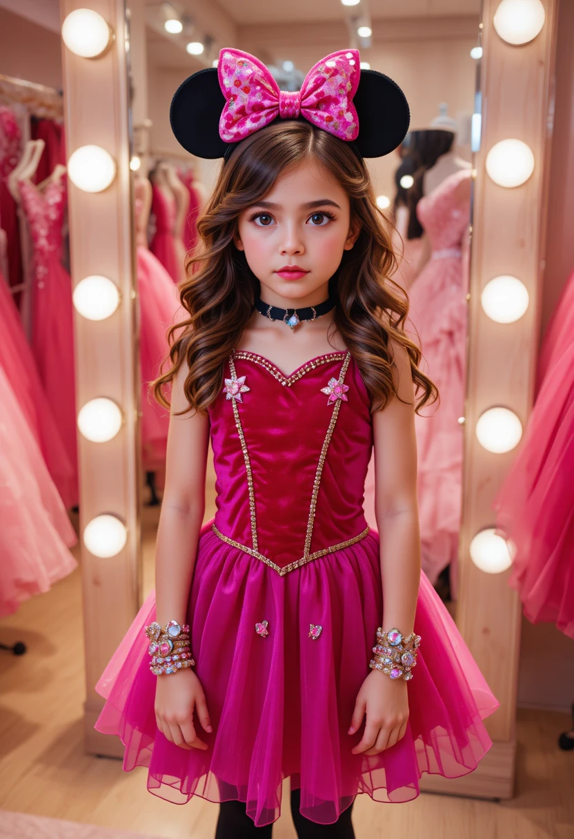 Nervous boy in pink princess outfit in dress shop backroom