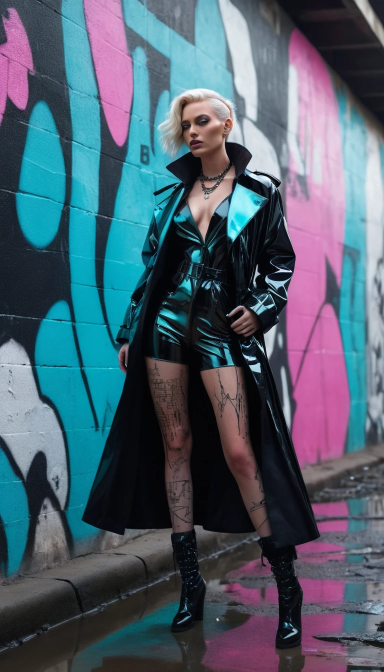 Cyberpunk woman in latex coat before dystopian concrete wall