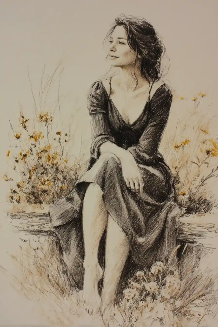 Woman seated on wooden beam in textured charcoal drawing