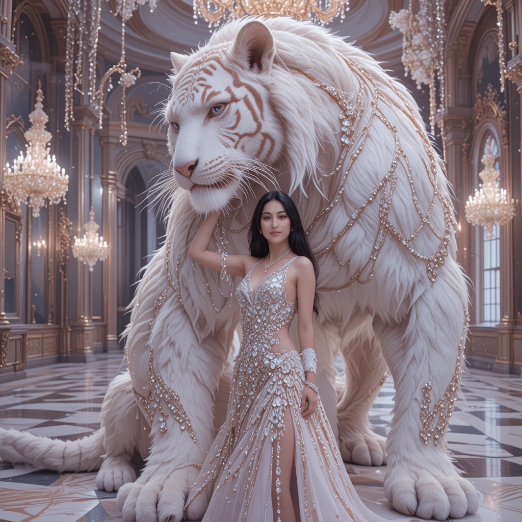 Woman with jeweled white tiger in glowing palace hall