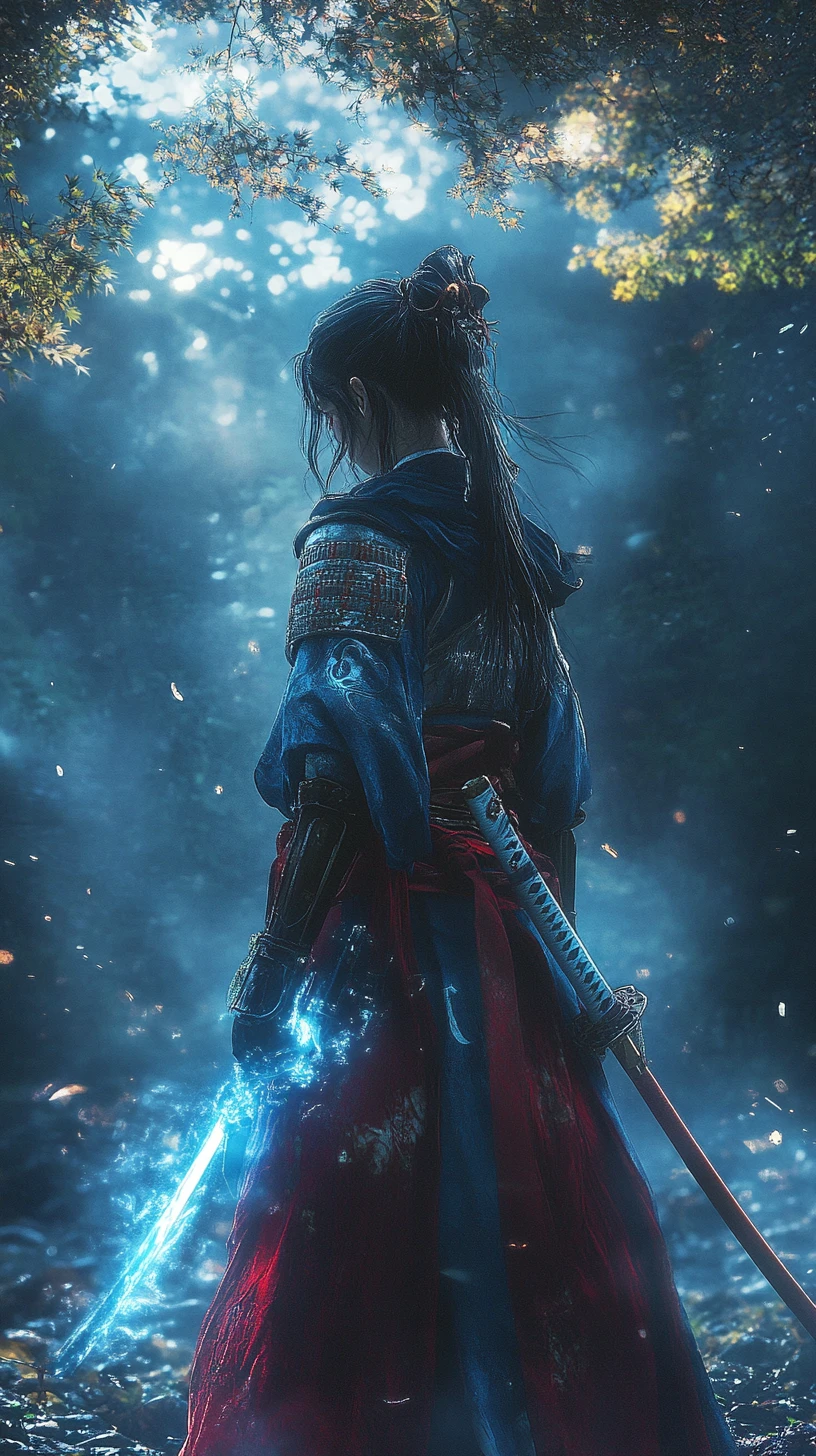 Samurai girl in glowing misty forest with blue armor