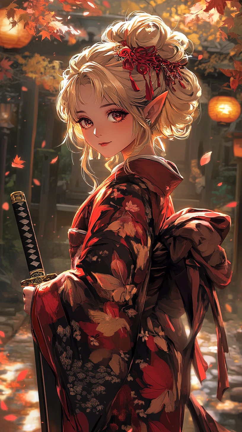 Elf girl in red kimono with katana in lantern lit garden