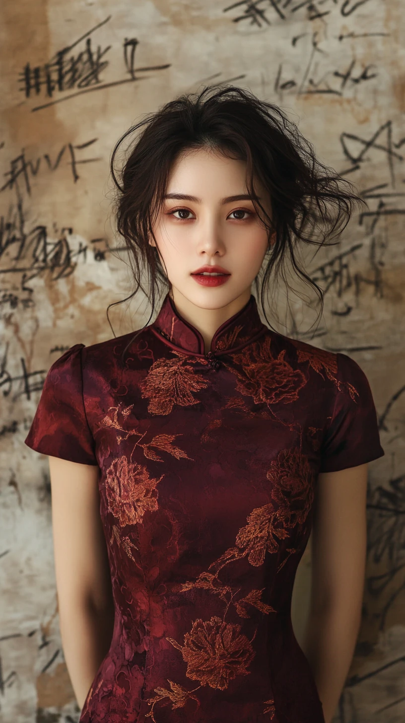 Melancholic Woman In Burgundy Qipao Against Ink Calligraphy