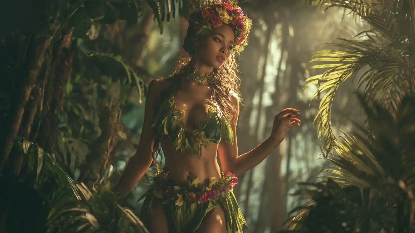 Tropical woman in woven leaf tunic among jungle palms