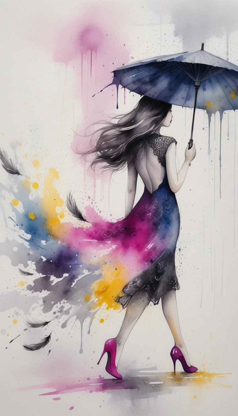 Elegant woman walking with colorful ink splatter umbrella