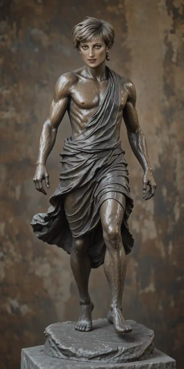Bronze statue of a running man in flowing tunic