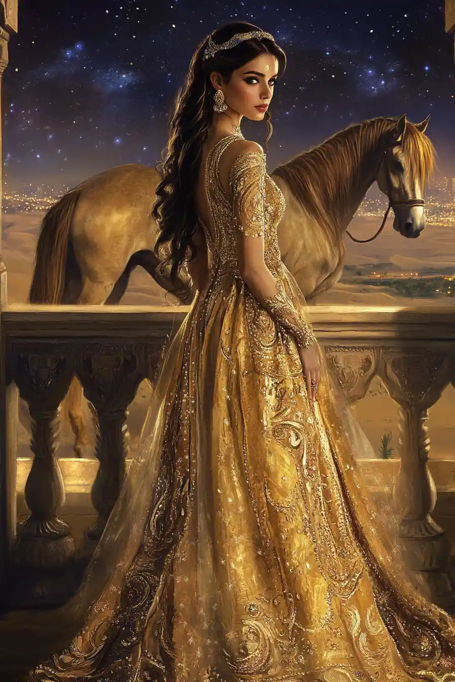 Arabian princess on a palace balcony under starry night