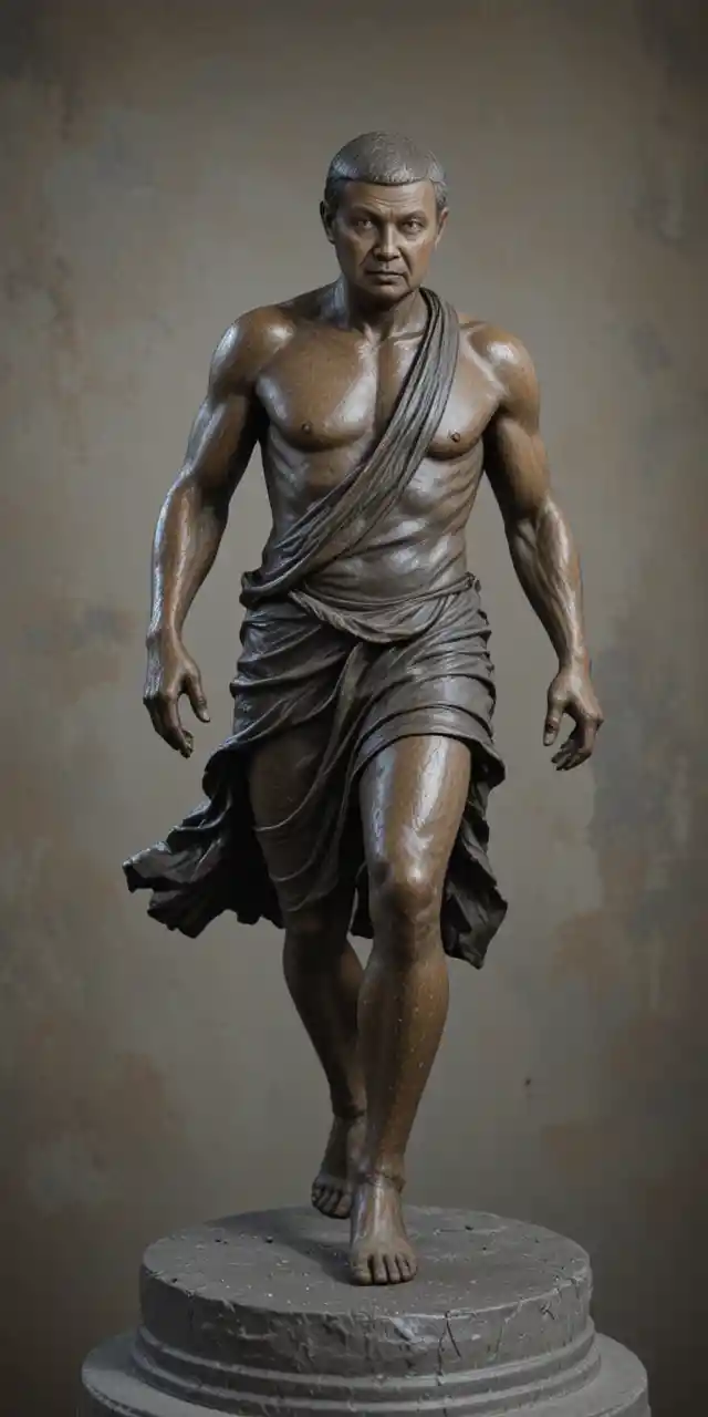 Bronze statue of a running man in textured tunic