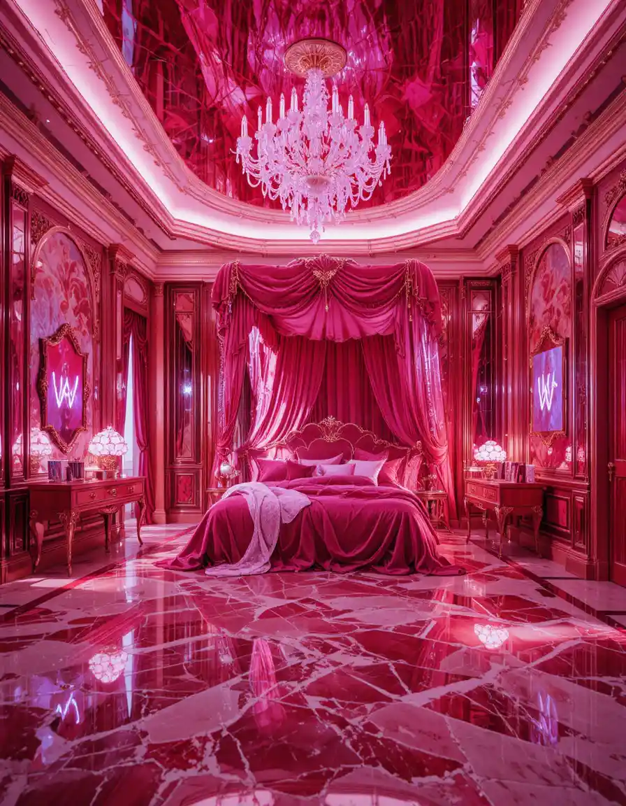 Lussuosa camera da letto in cristallo rubino con letto a baldacchino e bagliore al neon