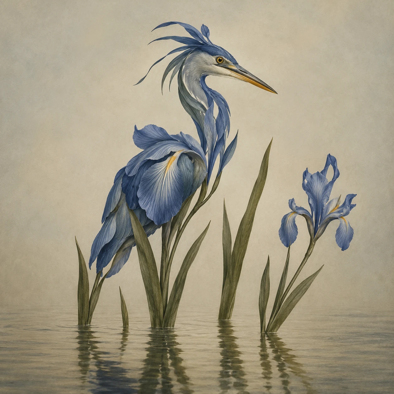 Garza Formada con Pétalos de Iris Azul en Aguas Poco Profundas
