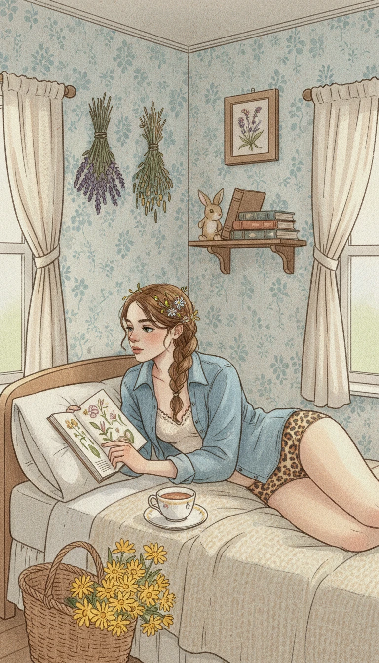Young woman reading in a cozy vintage cottage bedroom
