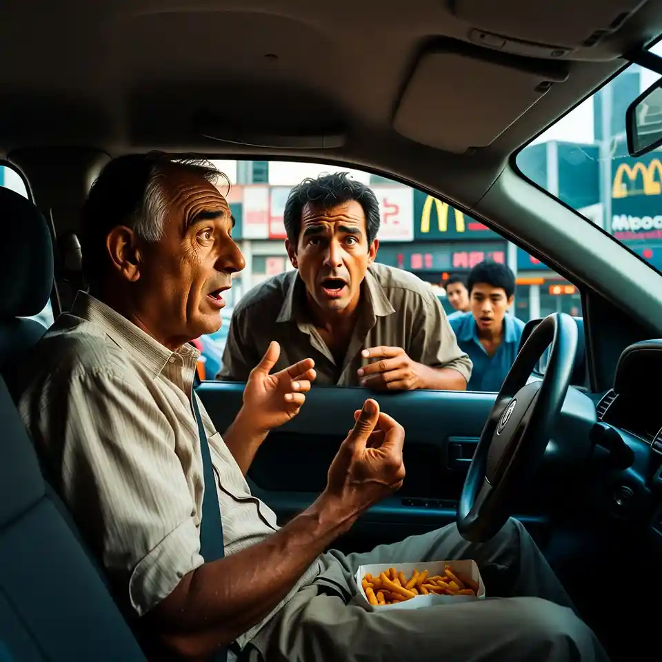 Uomo frustrato che ordina a un drive-thru affollato in città
