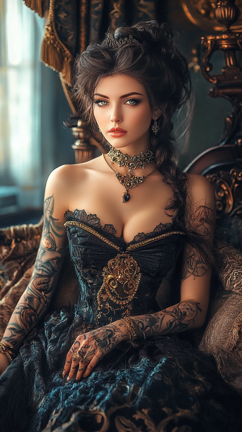 Elegant tattooed woman in a luxurious fantasy bedroom