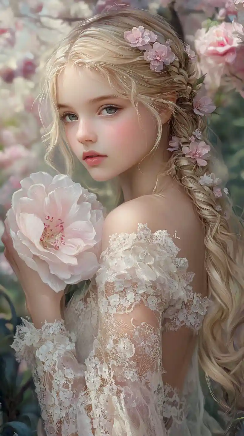 Giovane ragazza con fiori in un ritratto da giardino di fantasia onirico