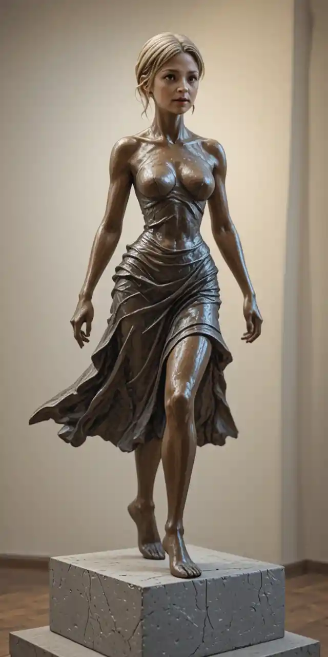 Bronze sculpture of a determined woman striding forward