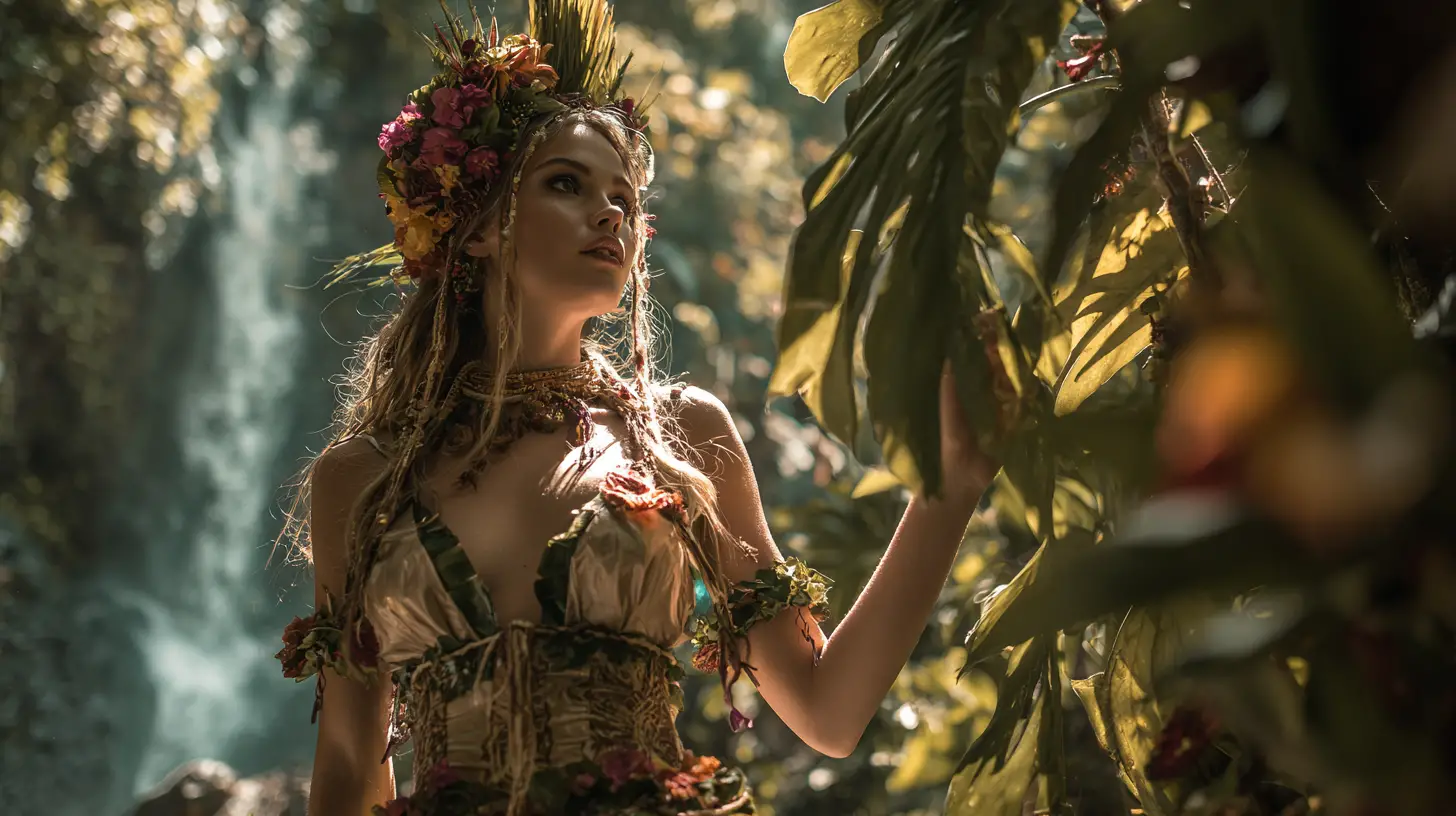 Tropical jungle woman crowned with flowers and palm leaves