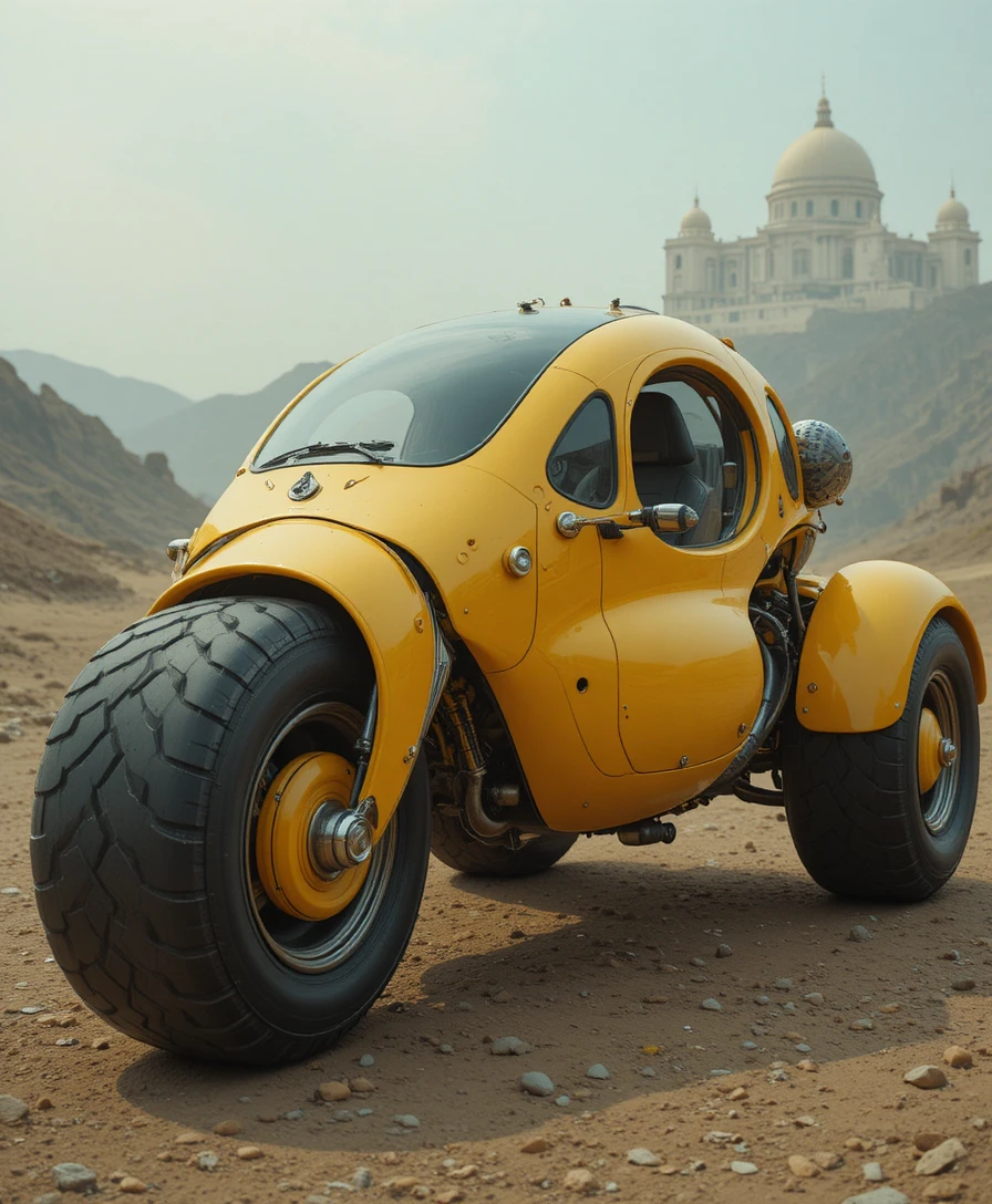 Futuristic yellow trike with massive black rubber tires