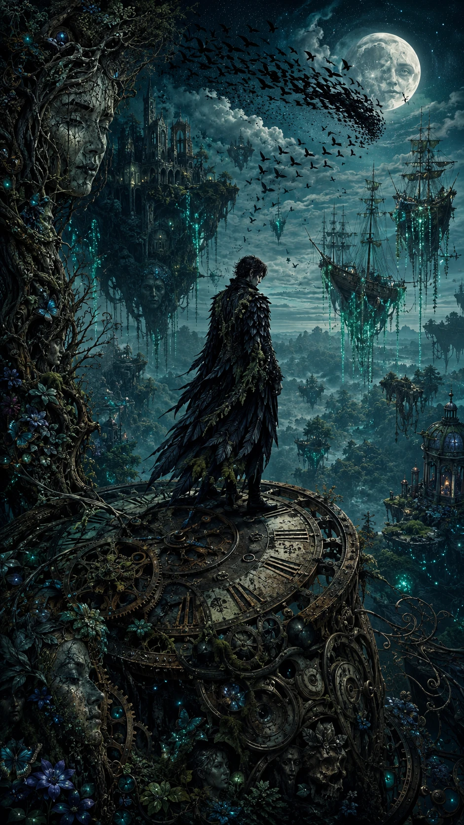 Eternal youth on rusted clock tower above moonlit forest