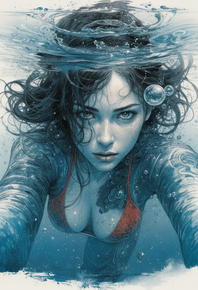 Determined tattooed woman surfacing in turquoise underwater scene