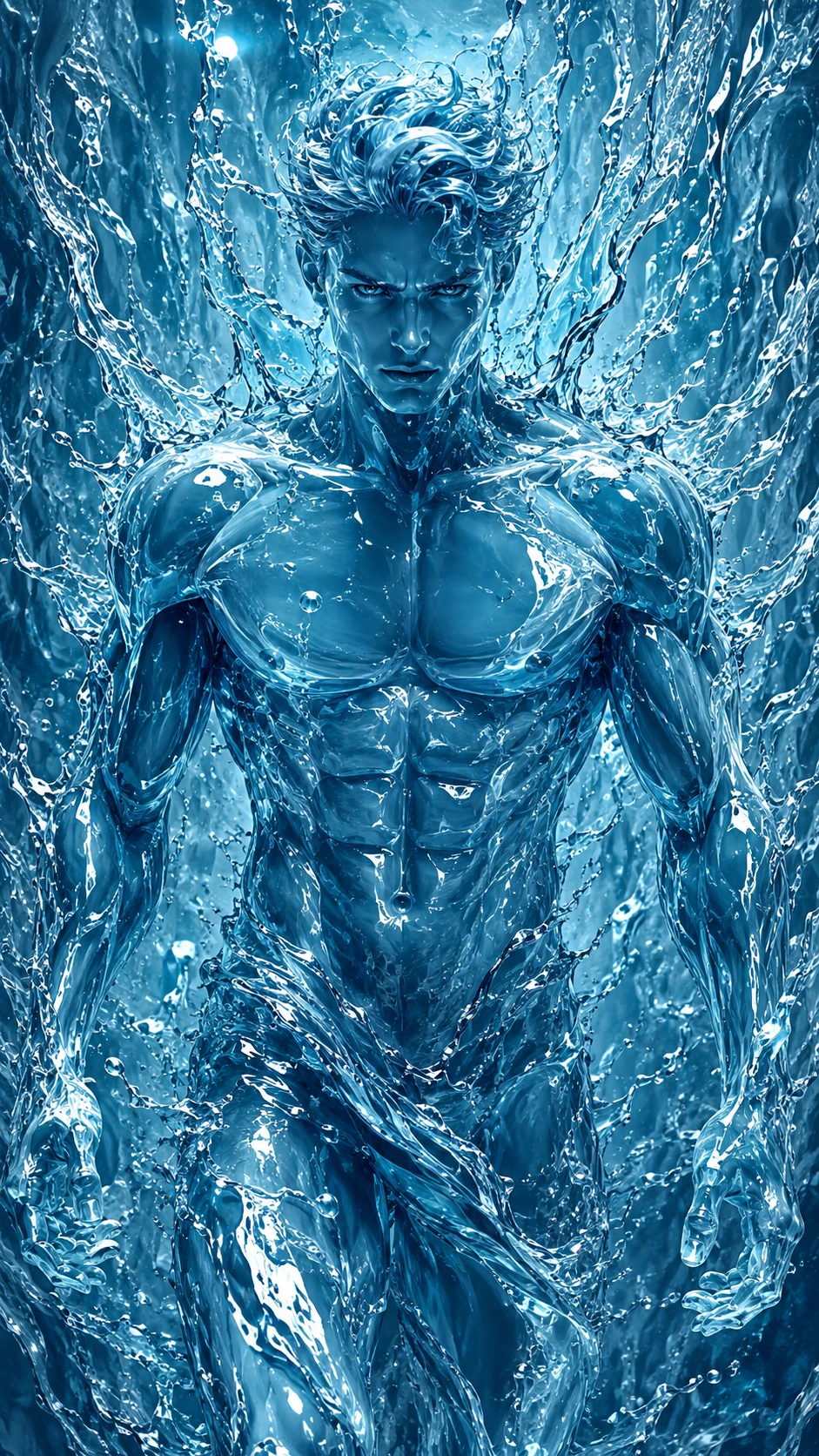 Surreal water warrior emerging from a flowing liquid wall
