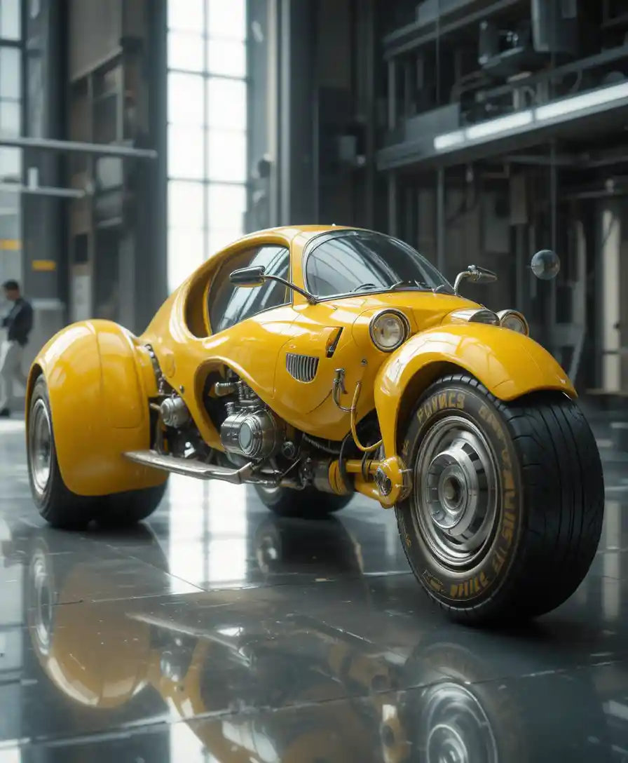 Huge yellow futuristic trike with imaginative bulbous design
