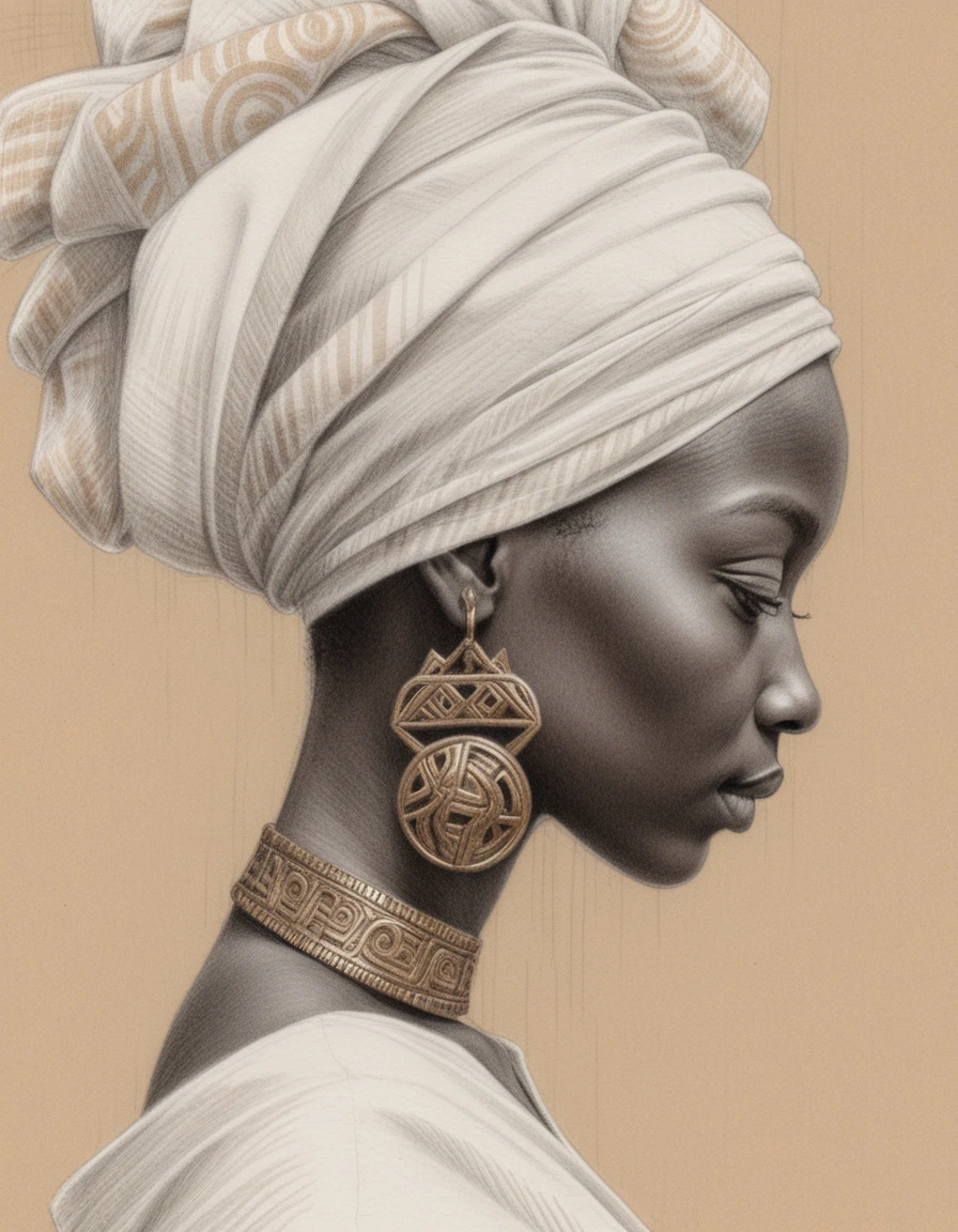 Colored pencil profile portrait of serene african woman