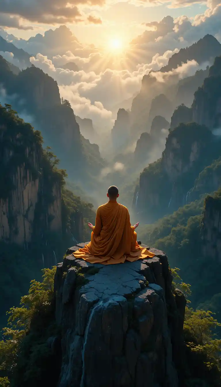 Monk Meditating On Cliff Above Clouds At Sunrise