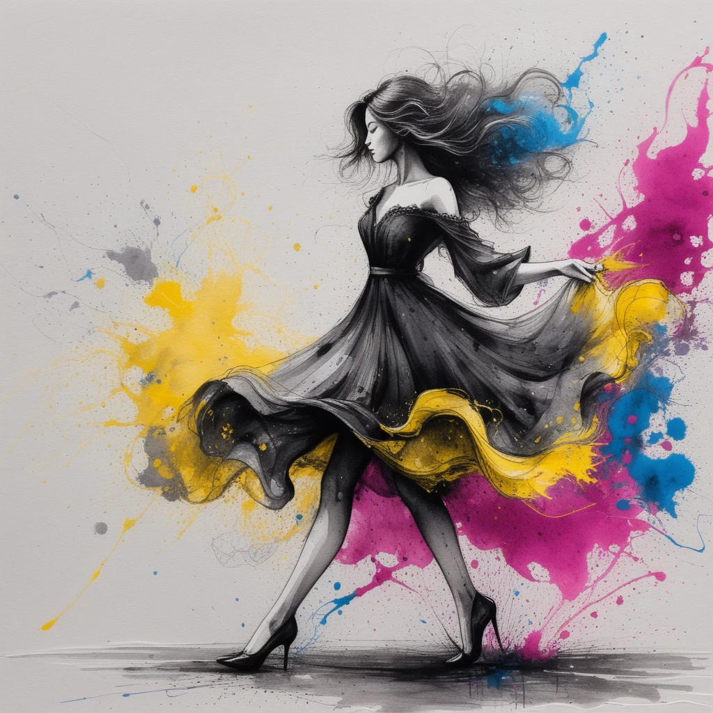 Elegant woman walking with colorful umbrella in watercolor splashes