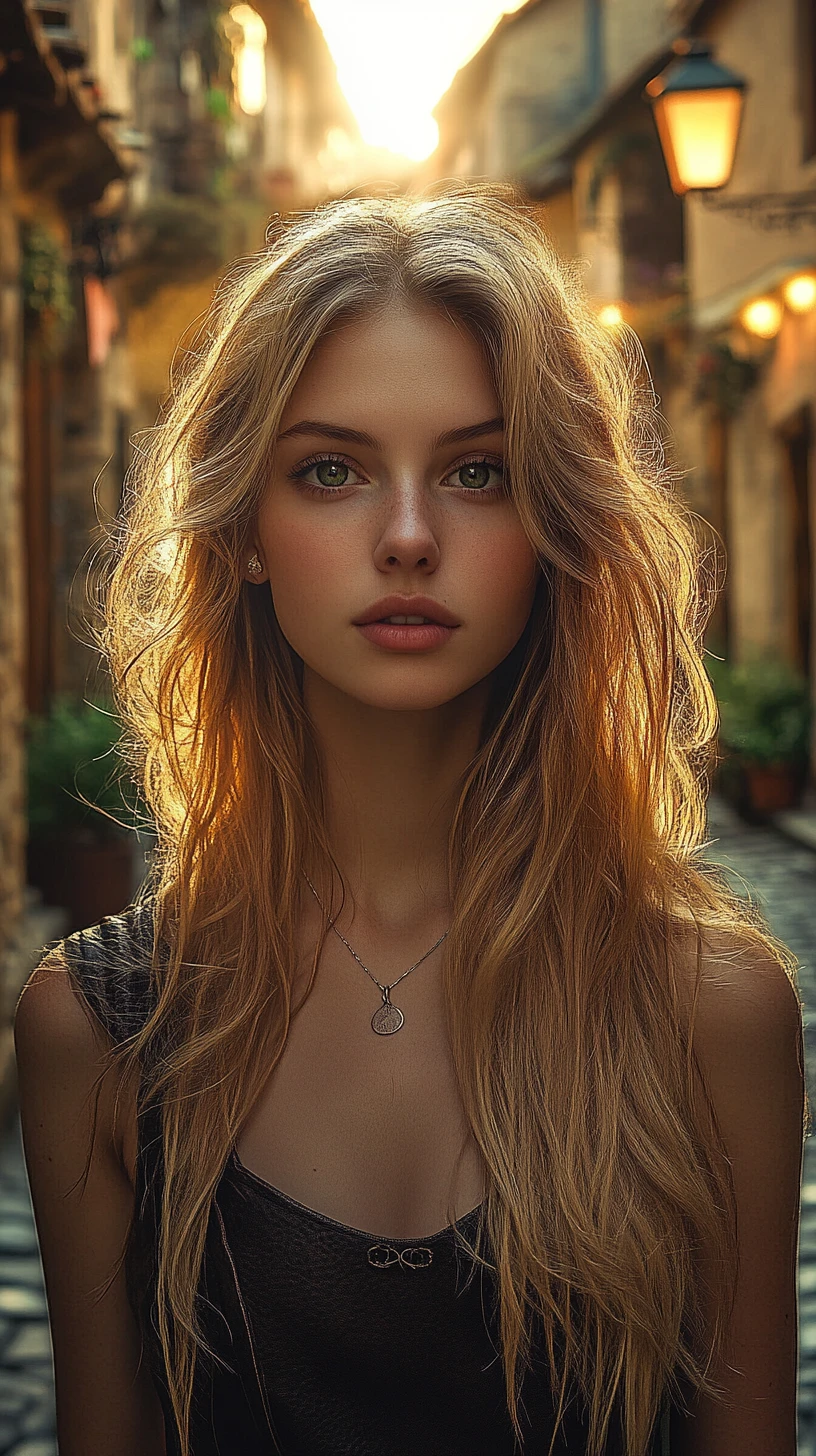 Young woman in medieval alley at warm sunset