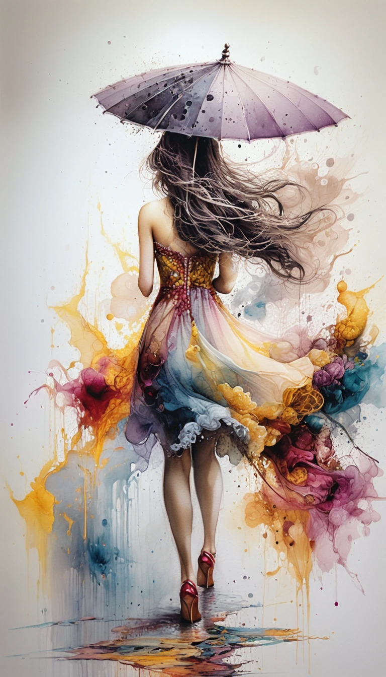 Elegant woman walking with colorful ink and watercolor splashes