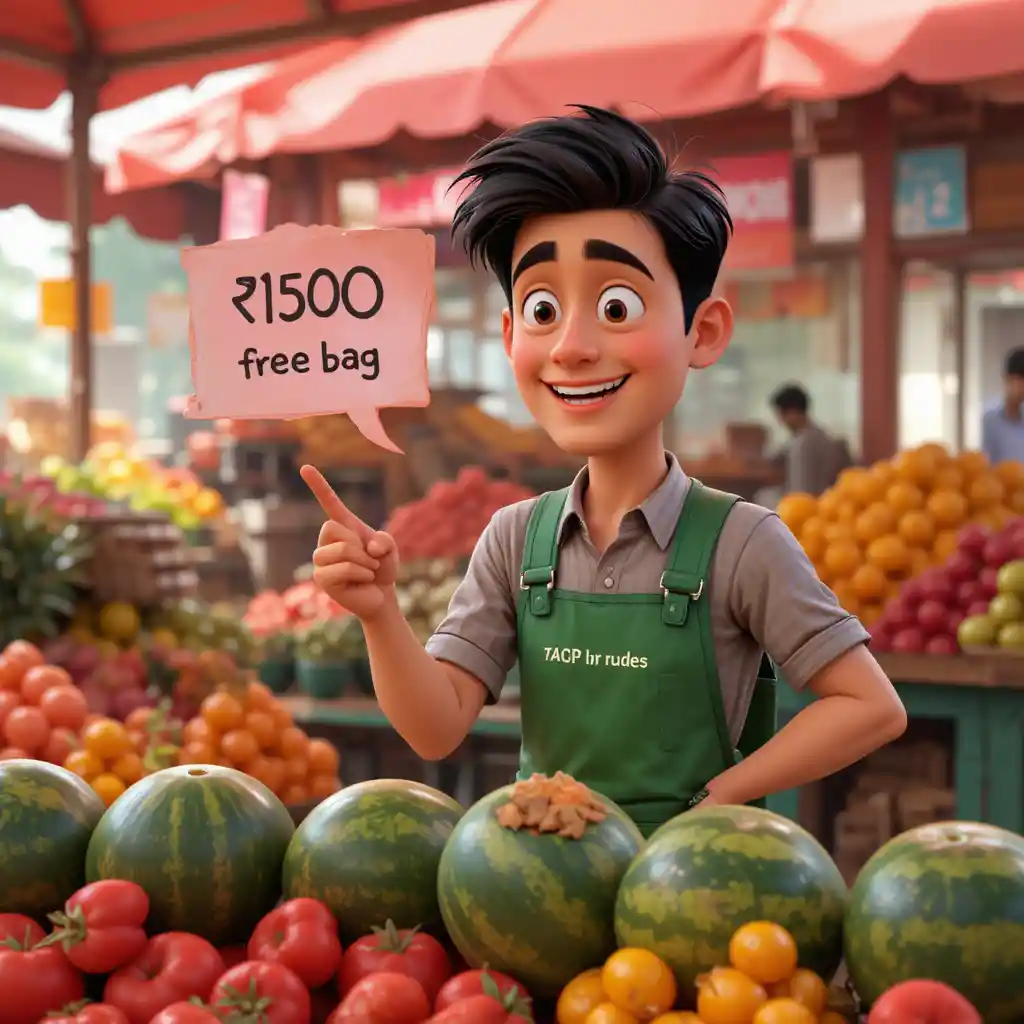 Cheerful fruit seller pointing at fresh market watermelons