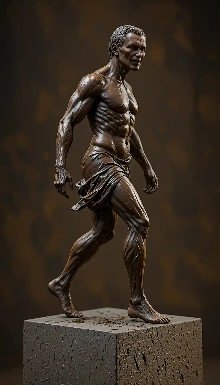 Bronze sculpture of a determined man striding forward in profile