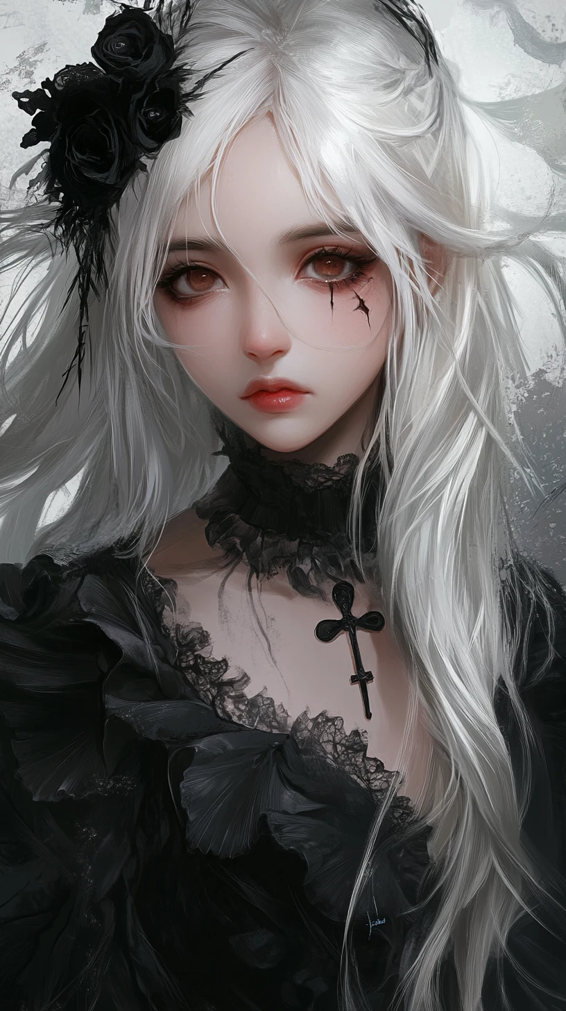 Melancholic anime girl in ornate black gothic dress