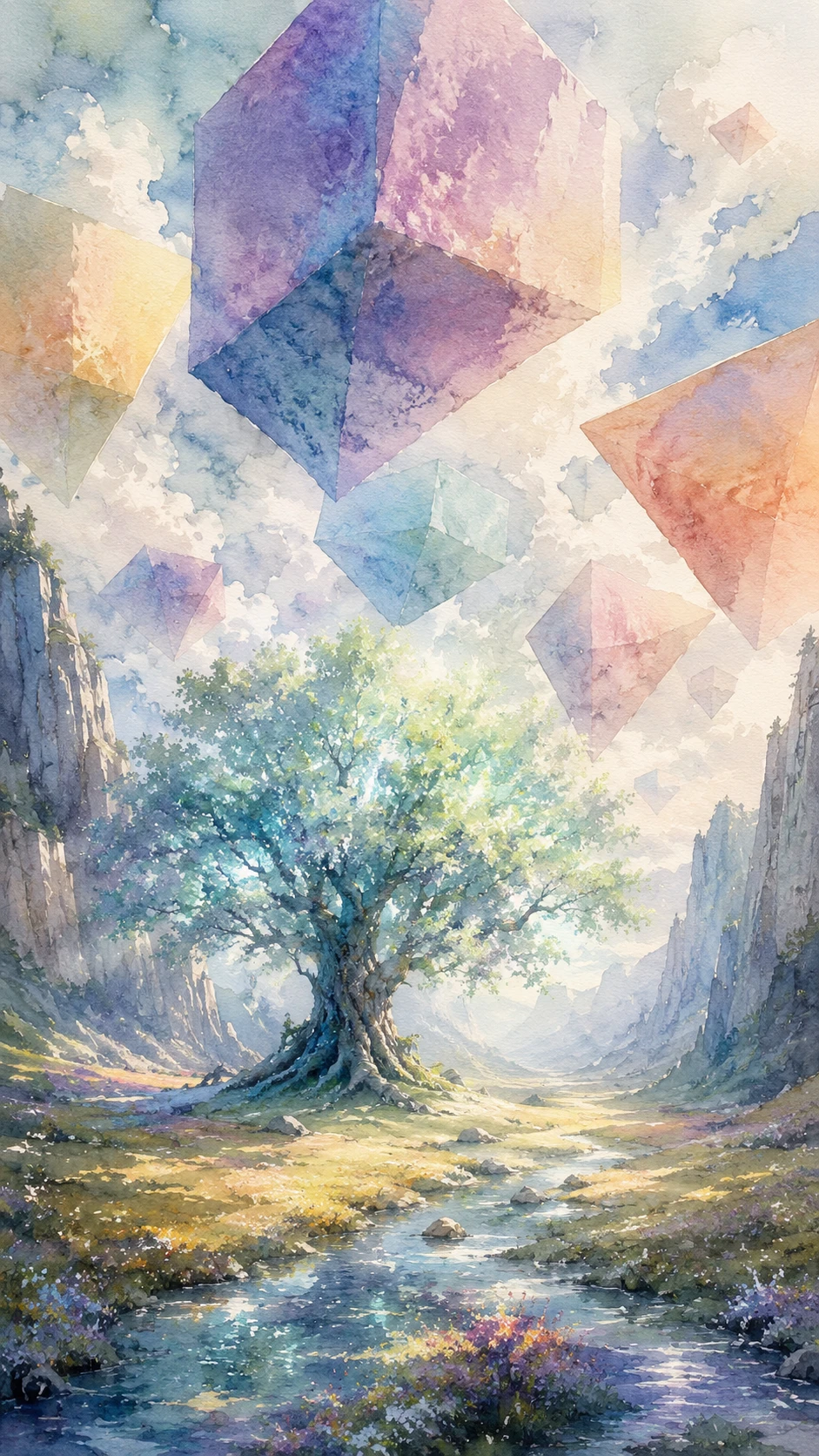 Serene Watercolor Valley With Ancient Glowing Tree