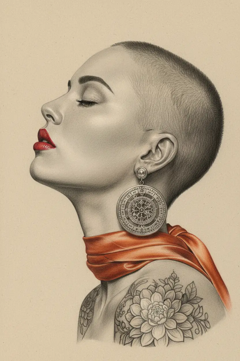 Graphite profile portrait of shaved head woman with red lips