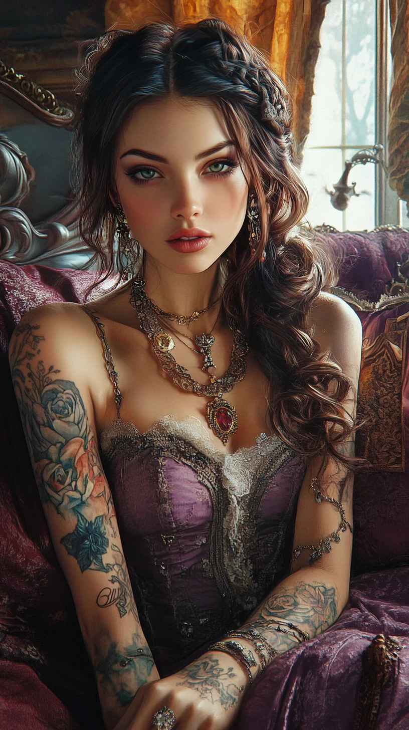 Alluring tattooed woman in a luxurious fantasy bedroom