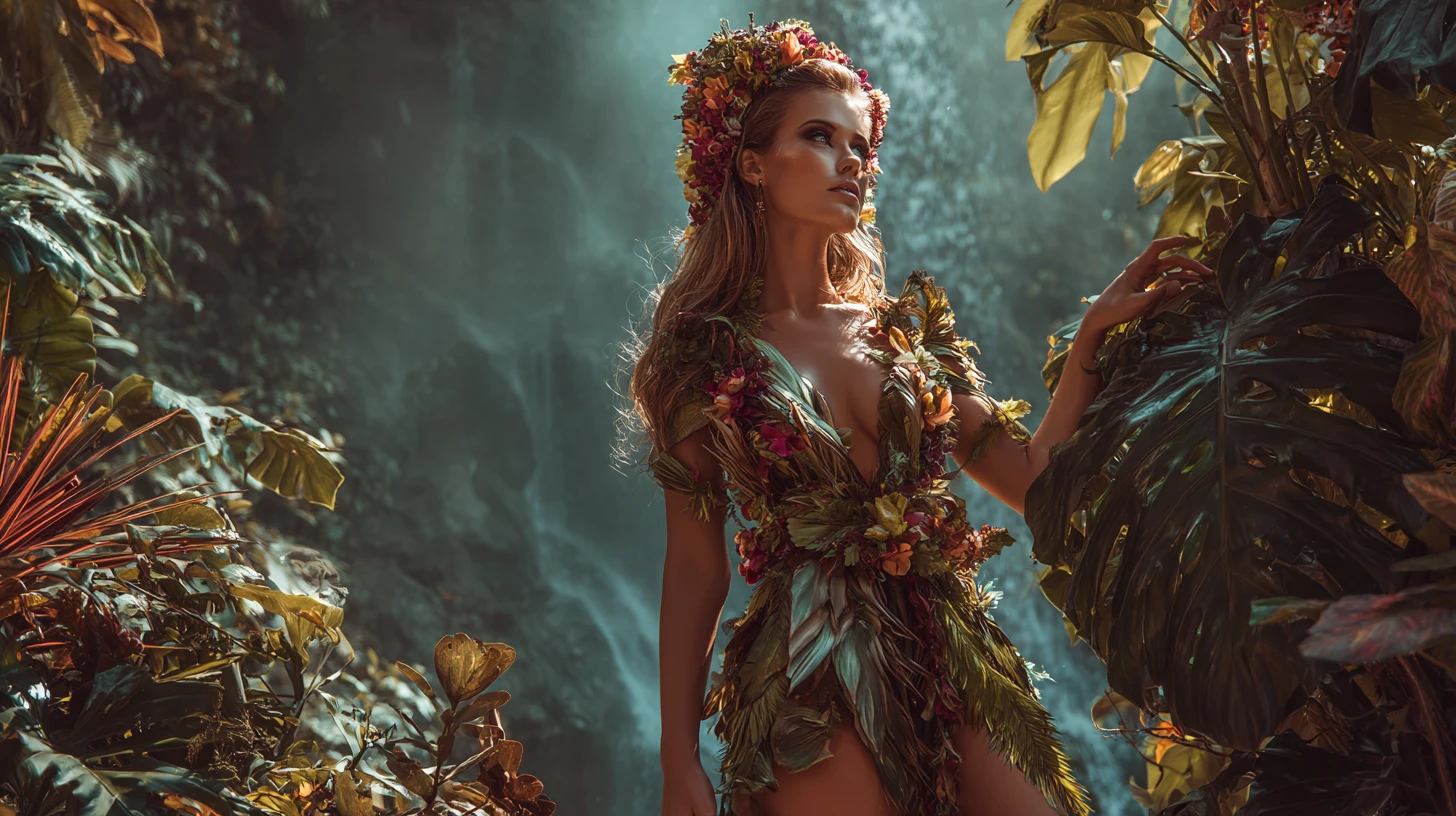 Tropical woman in a lush jungle with flower crown