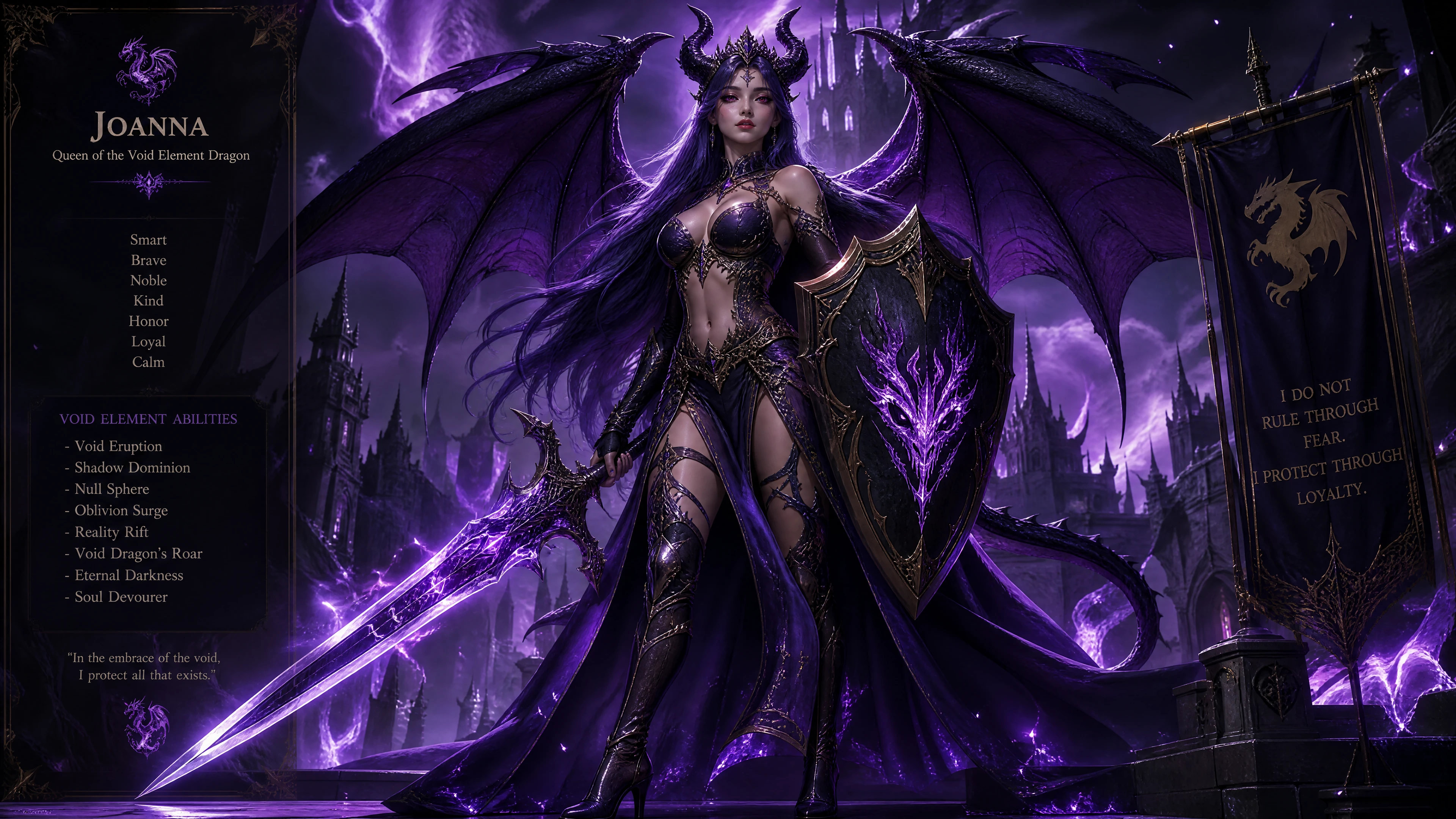 Void dragon queen with violet hair and regal armor
