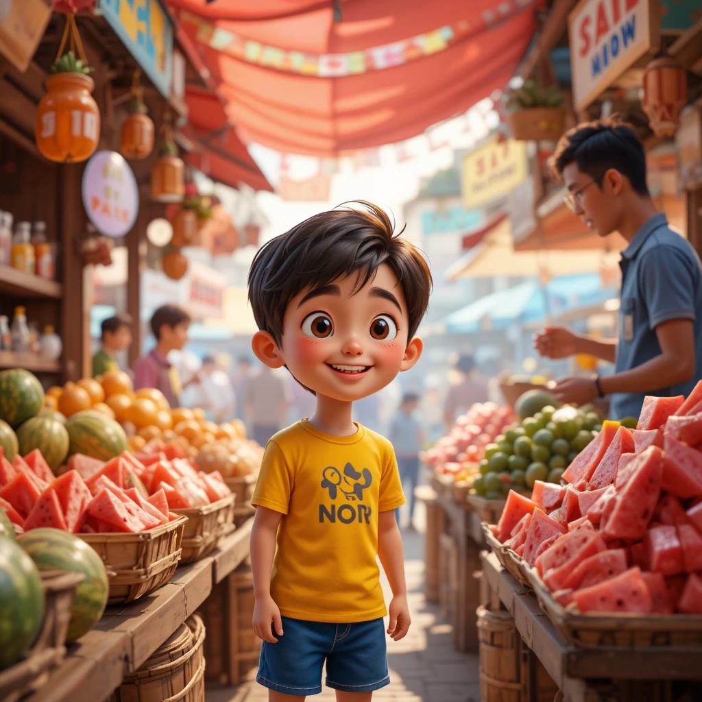 Smiling young boy at colorful watermelon market stall